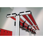 Under the wide overhead rack, strong clothes-hooks in reinforced thermoplastic nylon